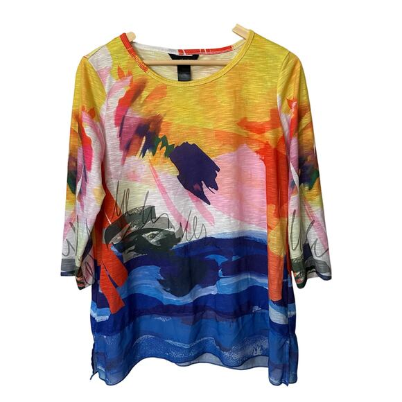 Ali Miles Tunic Top Abstract Print 3/4 Sleeve V-Neck Colorful Artsy Medium Knit - Picture 1 of 6